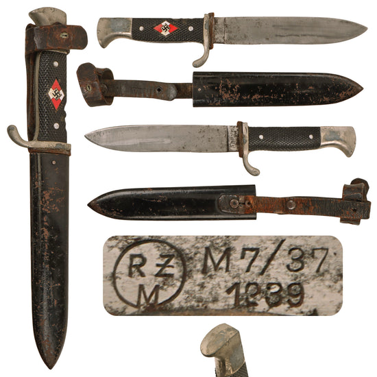 Original German WWII 1939 Dated HJ Trip Knife by Robert Klaas of Solingen with Scabbard - RZM M7/37 Original Items