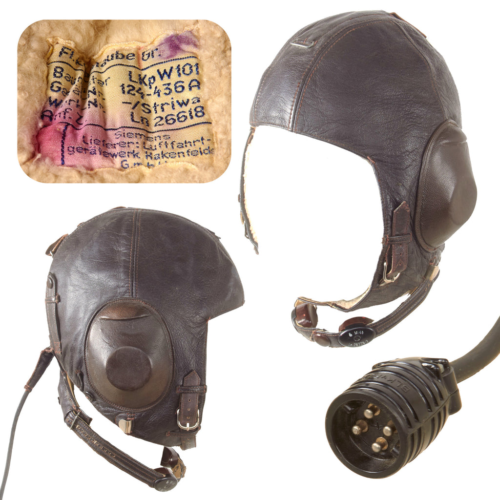 Original German WWII Luftwaffe LKpW101 Leather Winter Flying Helmet by Siemens with Avionics - Size 58