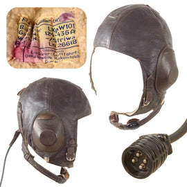 Original German WWII Luftwaffe LKpW101 Leather Winter Flying Helmet by Siemens with Avionics - Size 58