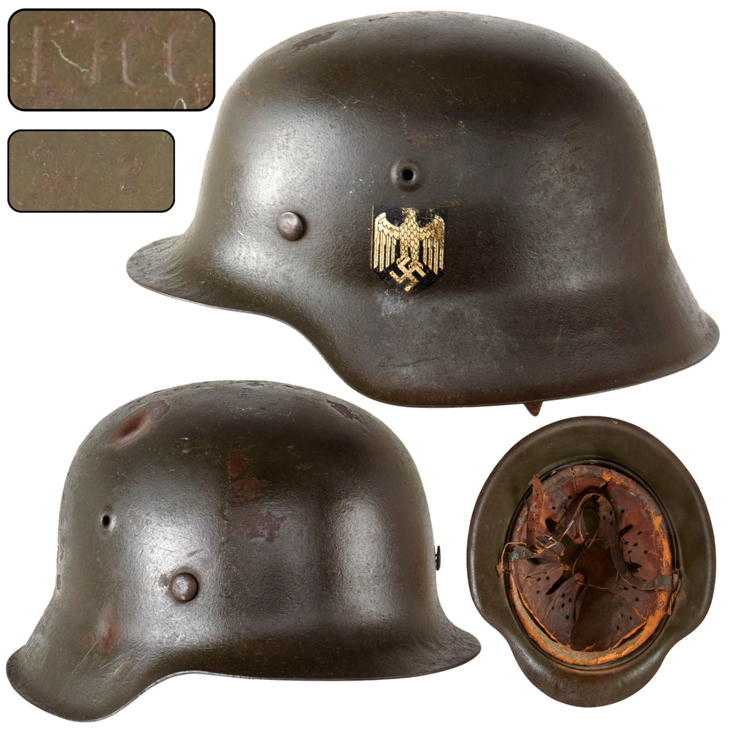 Original German WWII Heer Army Single Decal M42 Steel Helmet with 1940 Dated 58cm Liner and Repaired Chinstrap, Stamped ET66, Lot No. 2432