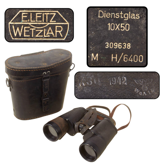 Original German WWII 10x50 Dienstglas Binoculars by Ernst Leitz of Wetzlar with 1942 Dated Case by Walter Winkler of Schönwalderstrasse