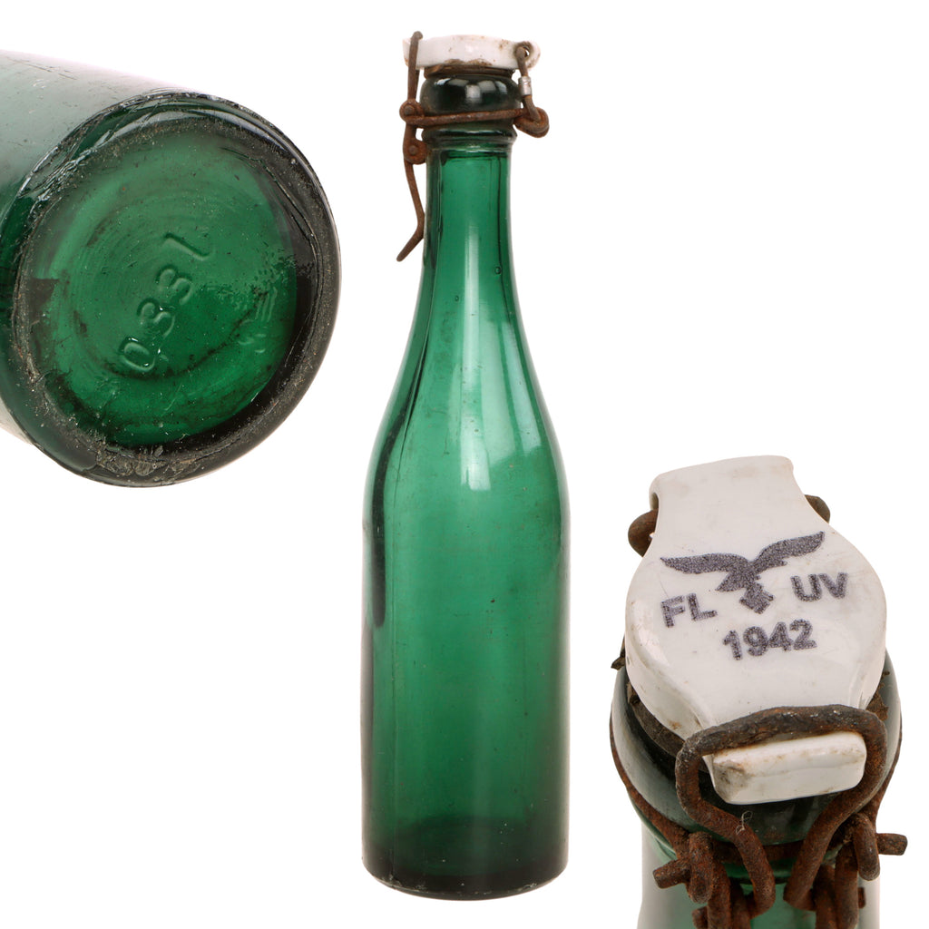 Original German WWII Luftwaffe FL UV Marked Green Glass Beer or Wine Bottle - Dated 1942 Original Items