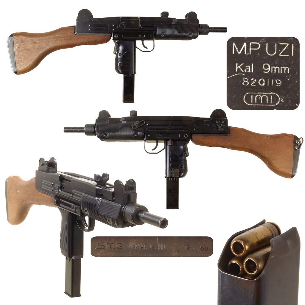 Original Film Prop Cap Plug Firing IMI UZI by Marushin Japan with Magazine, Cartridges, and Removable Wooden Stock
