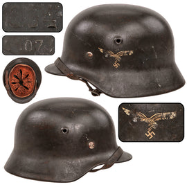 Original German WWII Luftwaffe Single Decal M40 Steel Helmet with 1941 Dated 57cm Liner and Chinstrap, Stamped Q64
