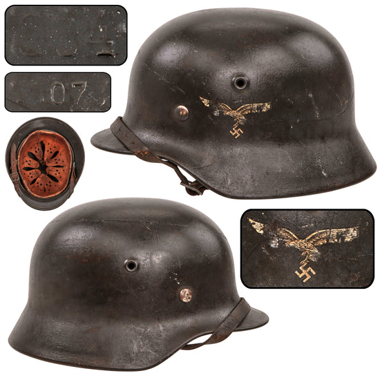 Original German WWII Luftwaffe Single Decal M40 Steel Helmet with 1941 Dated 57cm Liner and Chinstrap, Stamped Q64 Original Items
