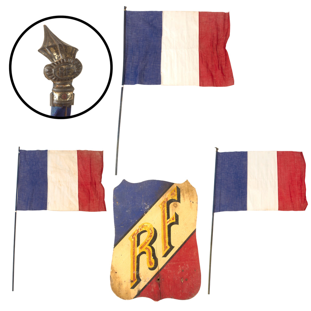 Original French Early 20th Century République Française “RF” Civic Flag Display with Three Tricolor Flags & Poles