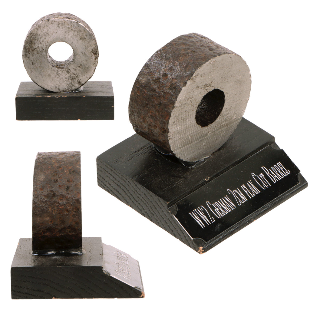 Original German WWII 2 cm Flak 30 38 Cut Barrel Section with Rifling on Display Base - Inert