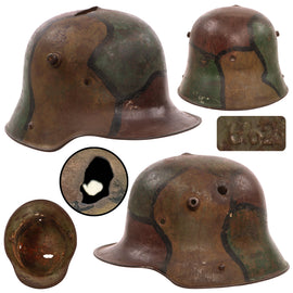 Original Imperial German WWI Shrapnel-Damaged M16 Stahlhelm Helmet with Panel Camouflage Paint - Marked G62