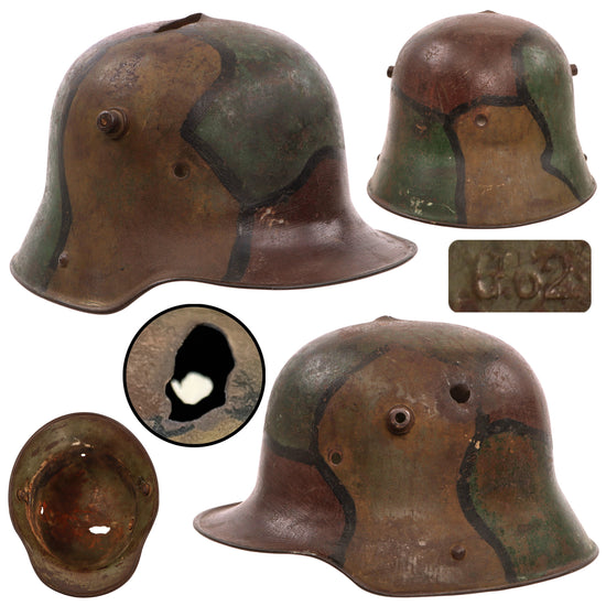 Original Imperial German WWI Shrapnel-Damaged M16 Stahlhelm Helmet with Panel Camouflage Paint - Marked G62