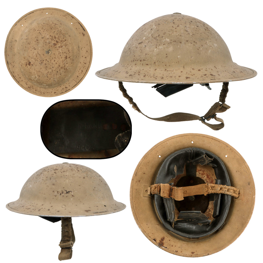 Original British WWII South African Manufactured Desert Tan Brodie MkII Steel Helmet with Drilled Holes for Net & Liner by Jager Rand - Dated 1940