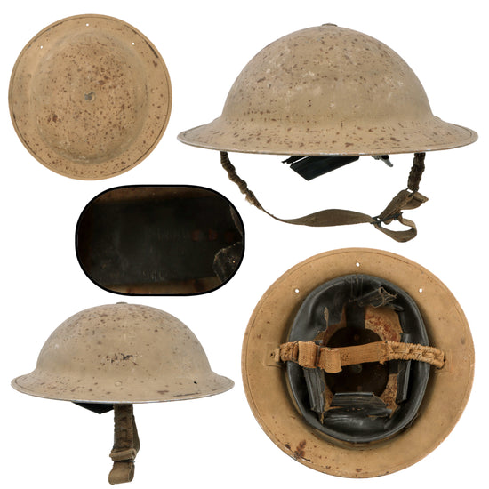 Original British WWII South African Manufactured Desert Tan Brodie MkII Steel Helmet with Drilled Holes for Net & Liner by Jager Rand - Dated 1940