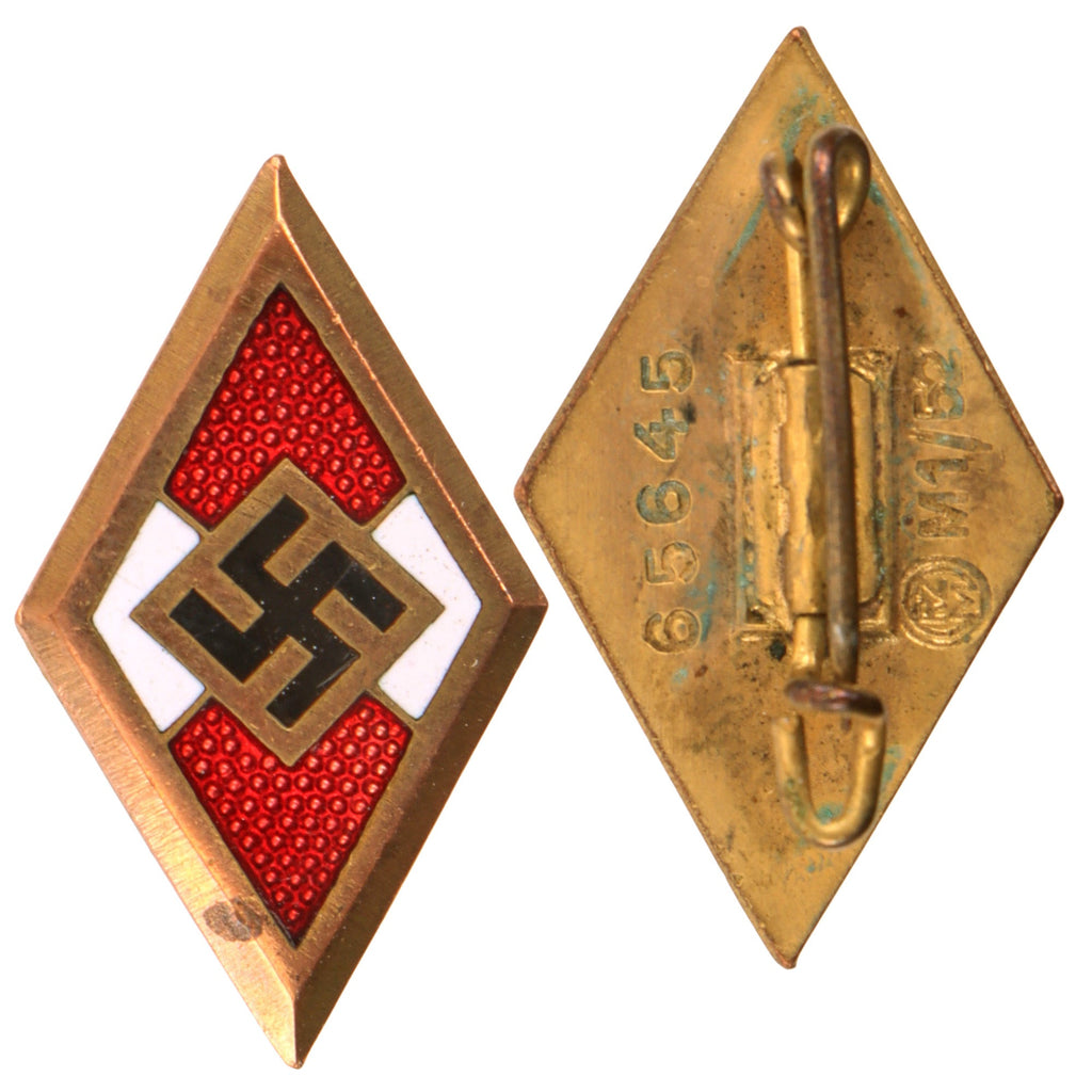 Original German WWII Gold HJ Enamel Honor Badge by Deschler & Sohn - RZM M1/52 - Numbered 65645