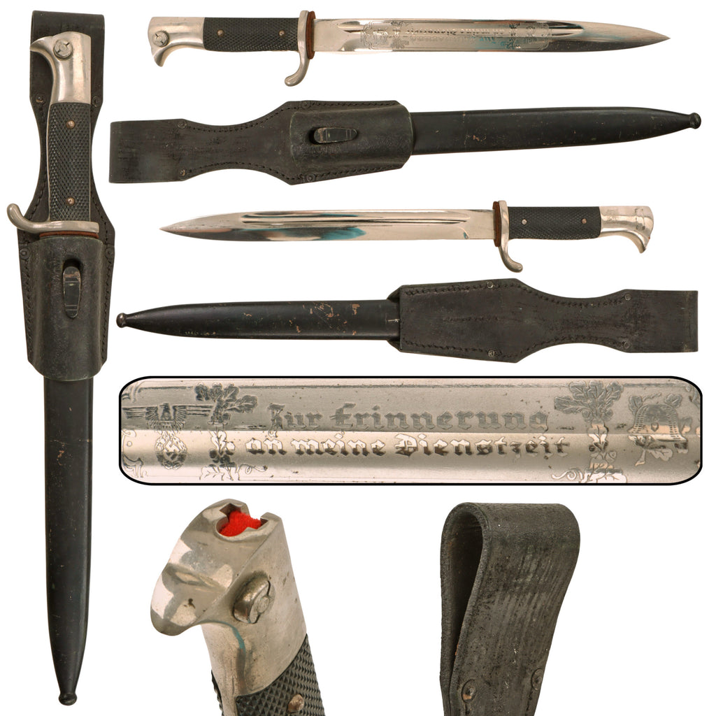 Original German WWII Heer Army Single Etched Long 98k Dress Bayonet with Scabbard and Black Leather Frog