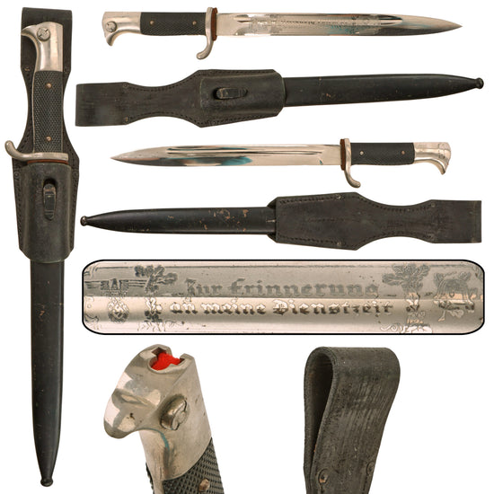 Original German WWII Heer Army Single Etched Long 98k Dress Bayonet with Scabbard and Black Leather Frog Original Items