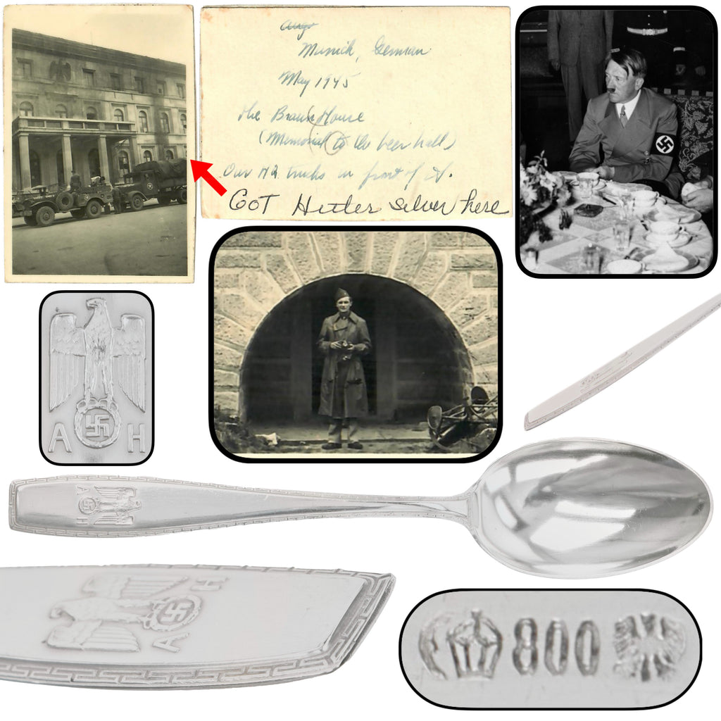 Original German WWII May 1945 Munich Führerbau Recovered AH “Formal Pattern” .800 Silver Soup Spoon by Bruckmann & Söhne with Notarized Provenance from Captain Abraham Epstein - 1269th Engineer Combat Battalion