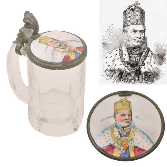 Original Imperial German Pre-WWI Wilhelm I Deutscher Kaiser Glass Stein with Hand-Painted Ceramic Lid Original Items
