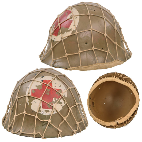 Original WWII Thailand Medic-Painted Combat Helmet with Net - Converted Japanese Type 90 Helmet