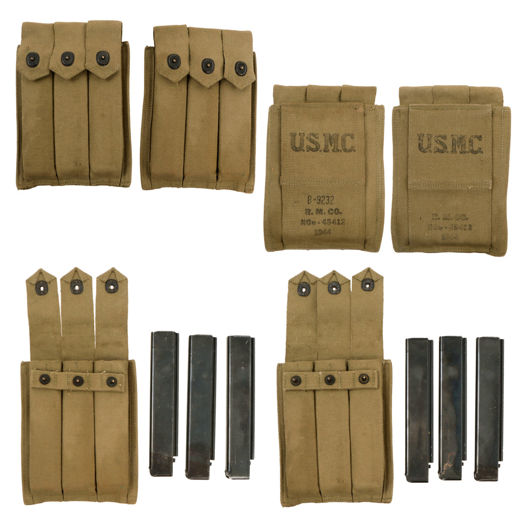 Original U.S. WWII USMC Set of Two 1944 Dated Thompson .45 Submachine Gun Magazine Pouches by Russell Mfg. Co. with Six Magazines by Crosby & Seymour