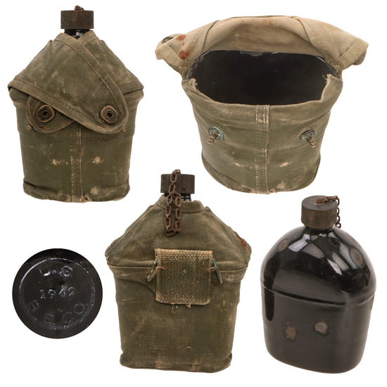 Original U.S. WWII Rare M1942 Black Porcelain Enamel Canteen With Matching Cup in Field-Camouflaged 3rd Pattern USMC Carrier - Dated 1942 Original Items