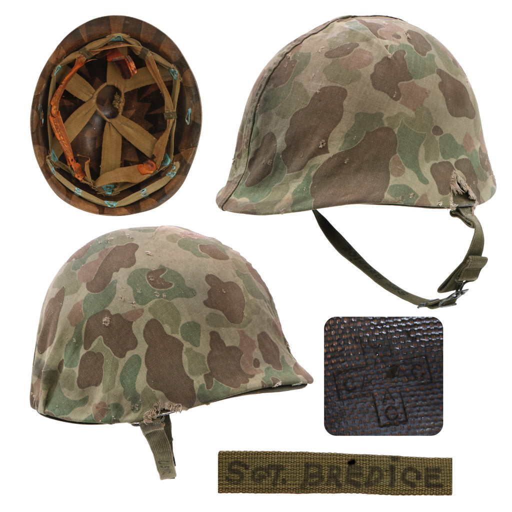 Original U.S. WWII Korean War Named USMC Fixed Bale Front Seam M1 Helmet with CAPAC Liner and 1st Pattern USMC Camouflage “Frogskin” Cover - Anthony P. Bredice Original Items