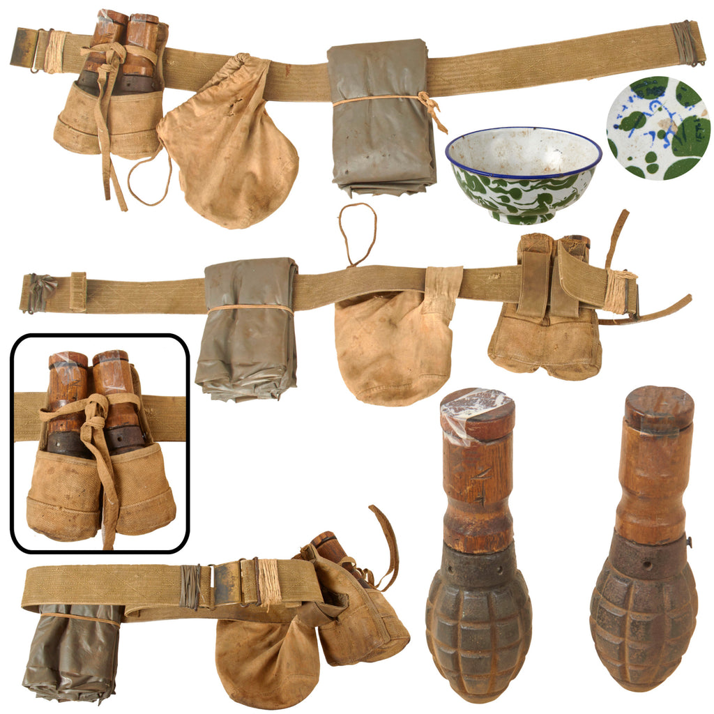 Original Vietnam War NVA VC Inert Short Stick Fragmentation Grenades in Carrier on Belt Rig with Bowl & Nylon