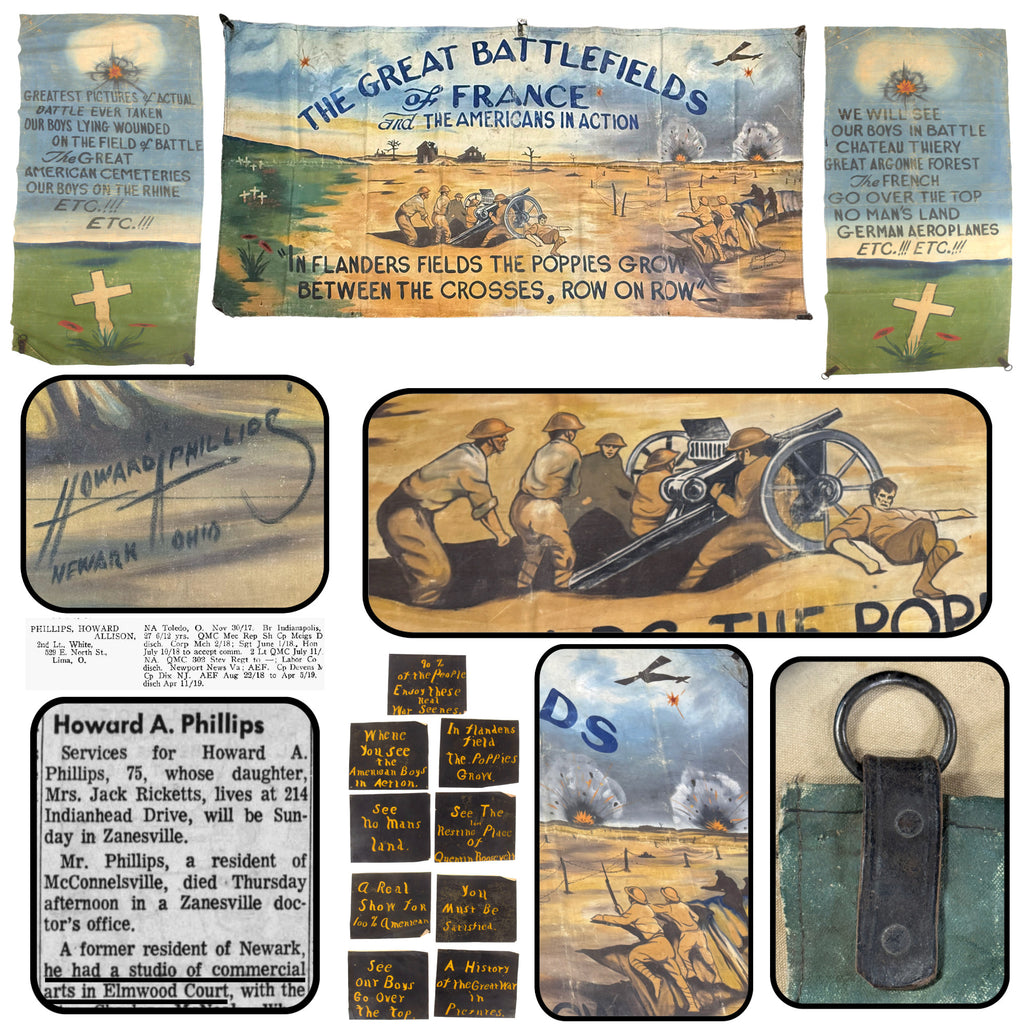 Original U.S. WWI Outstanding Hand-Painted Canvas Circus Style “The Great Battlefields of France” Show Displays Painted by Lt. Howard A. Phillips