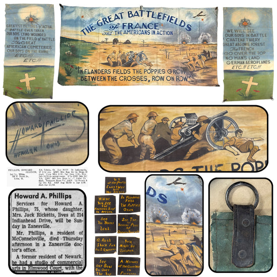 Original U.S. WWI Outstanding Hand-Painted Canvas Circus Style “The Great Battlefields of France” Show Displays Painted by Lt. Howard A. Phillips