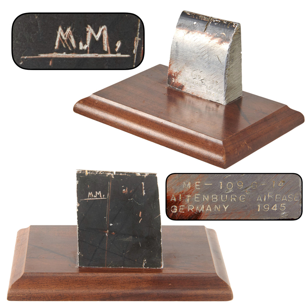 Original German WWII Me-109 Fragment of Wing from Altenburg Airbase in Germany Mounted on Wooden Base