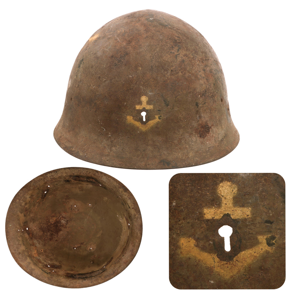 Original WWII Japanese Special Naval Landing Forces (SNLF) Helmet Shell with Hand-Painted Anchor - Missing Badge Original Items