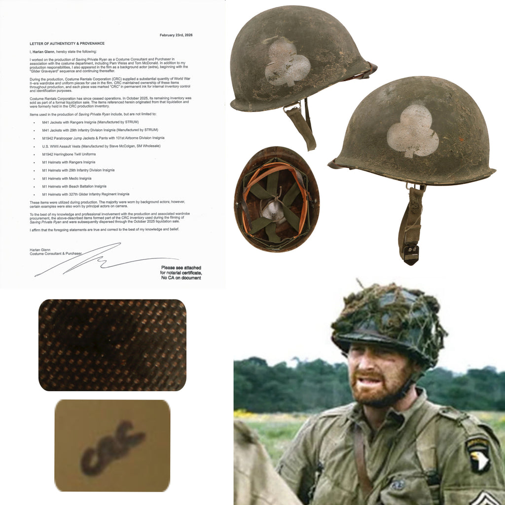 Original U.S. M1 Helmet Used in Saving Private Ryan – 327th Glider Infantry Regiment, 101st Airborne Division – With Copy of Notarized Letter of Authenticity Original Items