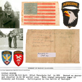 Original U.S. WWII Bronze Star Recipient 501st PIR 101st Airborne Division Mortarman Invasion Armband Flag Patch with Patches & Copy of Discharge - Charles J. Bahr, Wounded at Talitha Kumi, Holland
