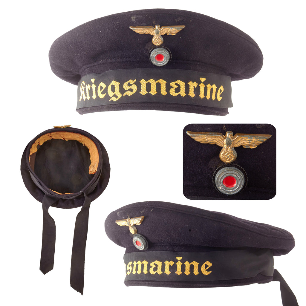 Original German WWII Naval Kriegsmarine Navy Blue Tellermütze "Donald Duck" Cap - Partial Leather Sweatband Original Items