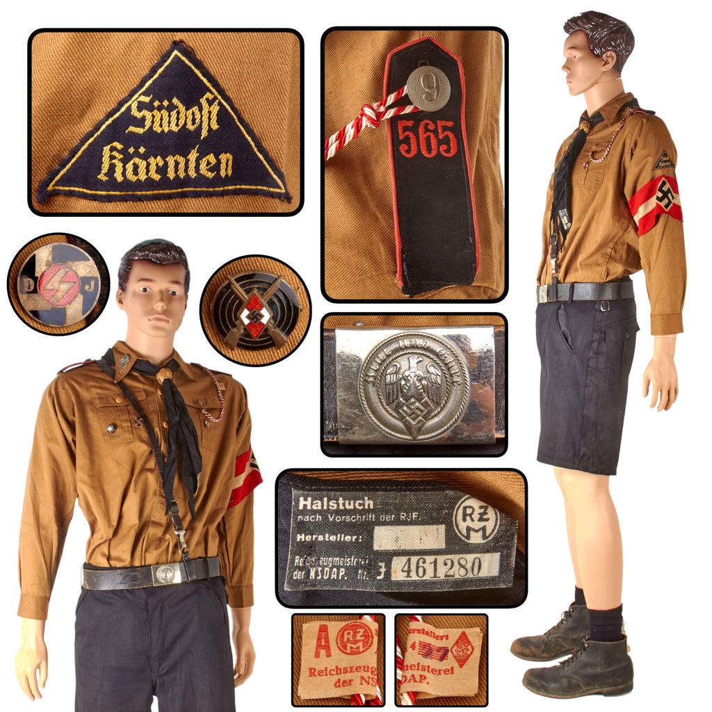 Original German WWII HJ Bann 565 Spittal, Kärnten Tan Summer Uniform Mannequin Display with Shorts, Armband, Shoes, Belt & Insignia Original Items