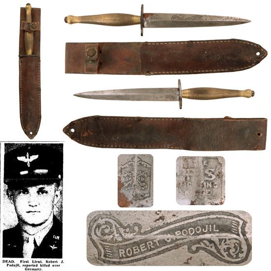 Original U.S. WWII US Army “Presentation” British Second Pattern Fairbairn-Sykes Fighting Knife by Wilkinson with Sheath - 1st Lieutenant Robert J Podojil, AAF, Killed in Action Original Items