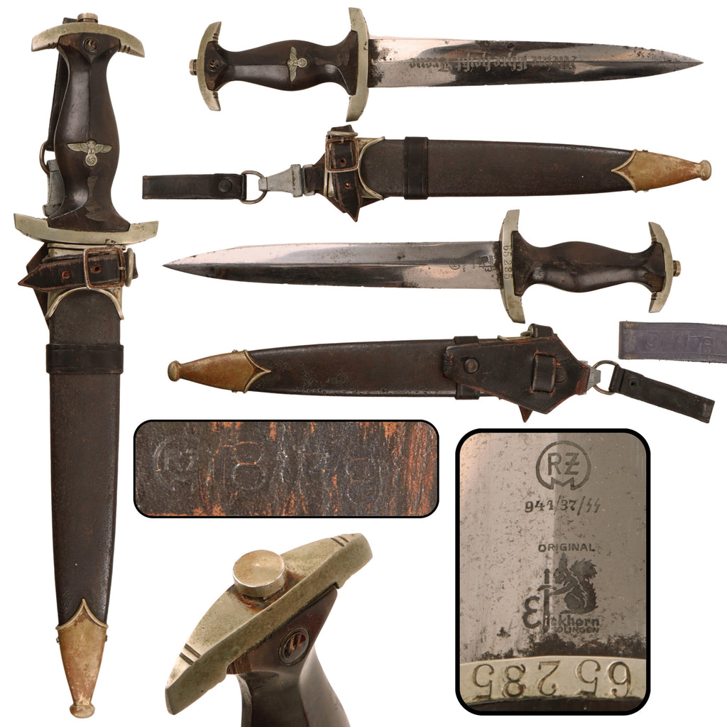 Original German WWII Numbered Transitional Model 1933 SS Dagger by Carl Eickhorn with Scabbard, Vertical Hanger and Belt Loop, RZM 941/37/SS Original Items