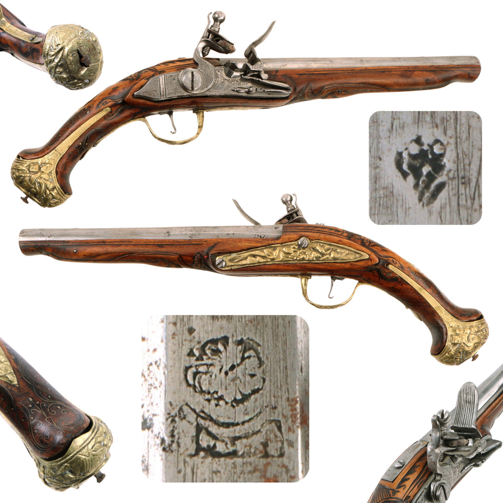 Original 19th Century Ottoman Flintlock Holster Pistol with Carved Stock and Embossed Brass Mountings - Circa 1840 Original Items