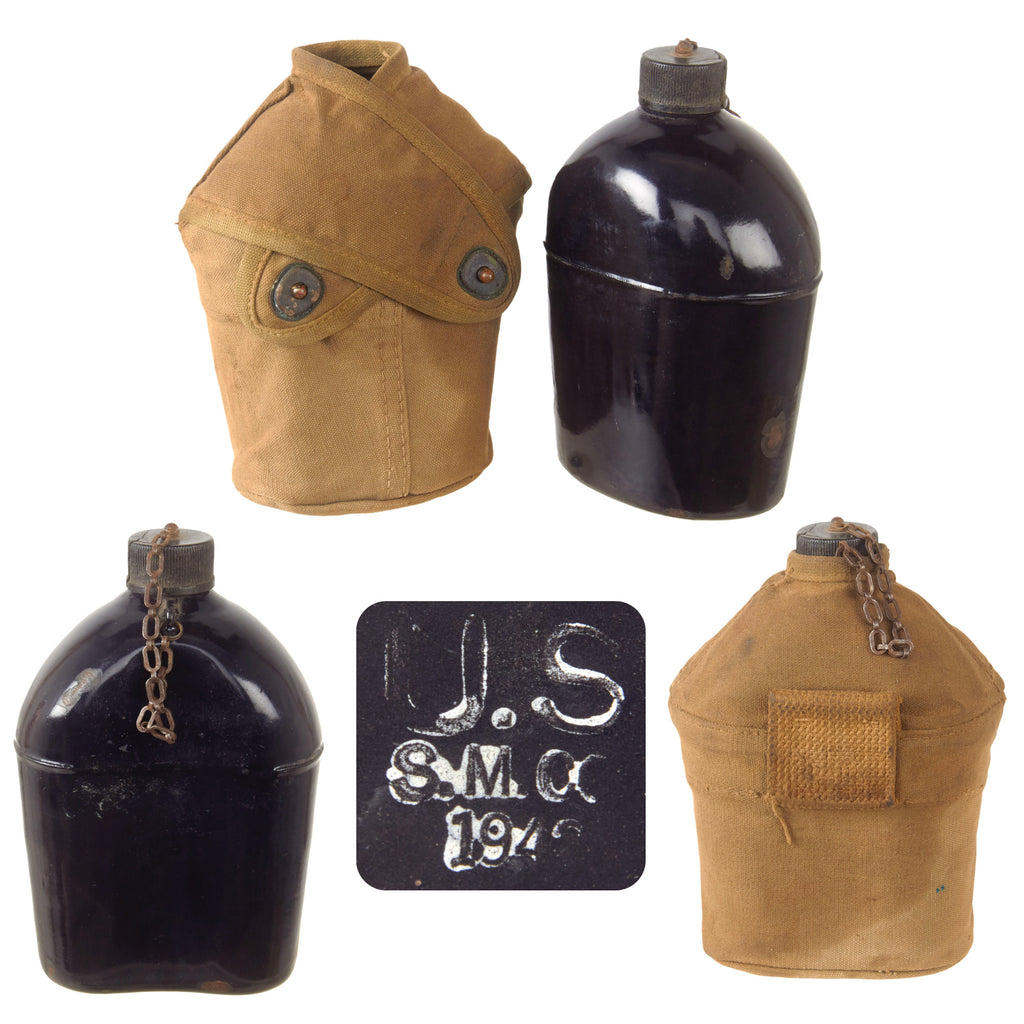 Original U.S. WWII Rare M1942 Black Porcelain Enamel Canteen in 3rd Pattern USMC Carrier - Dated 1942 - No Belt Hook