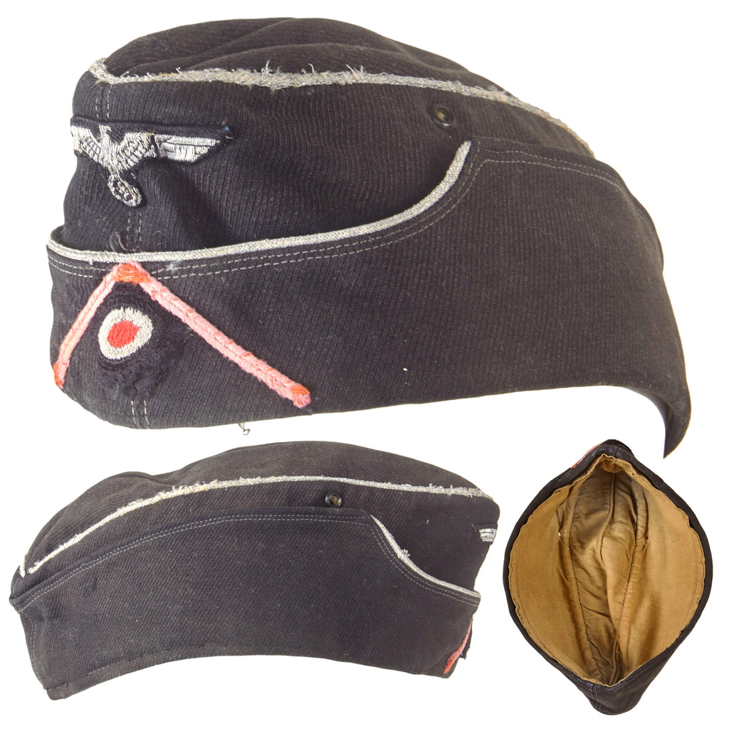 Original German WWII Heer Panzer Officer M38 Black Overseas Cap with Rose Pink Soutache and Bullion Insignia
