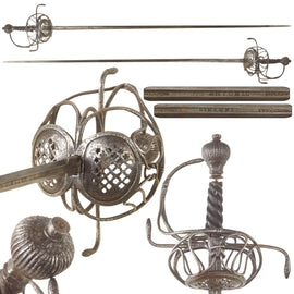 Original Northern Italian 17th Century German Pappenheim Style Swept Hilt Rapier by Gio Antonio Ginammi with Twisted Wooden Grip