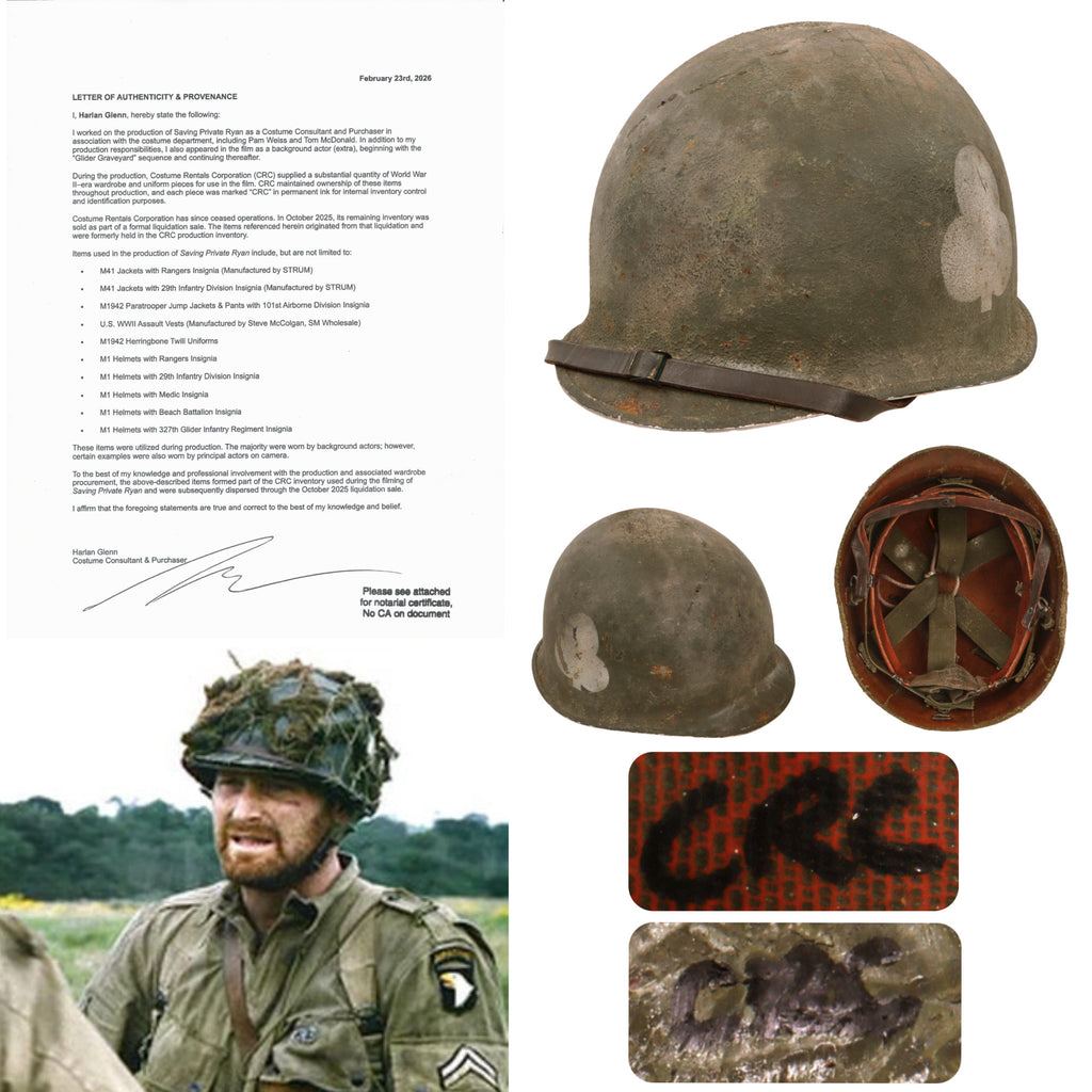 Original U.S. M1 Helmet Used in Saving Private Ryan – 327th Glider Infantry Regiment, 101st Airborne Division – With Copy of Notarized Letter of Authenticity Original Items