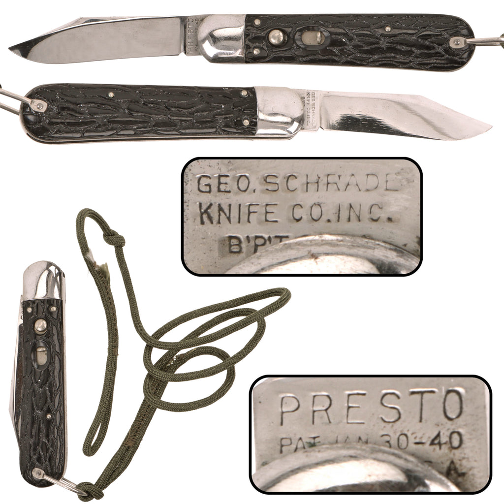 Original U.S. WWII Geo. Schrade Presto M2 Paratrooper Knife with Black Plastic Handle and Lanyard