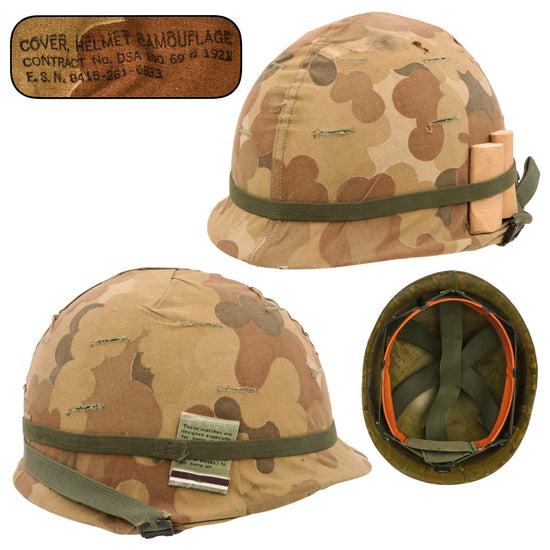 Original U.S. Vietnam War Era M1 Helmet with 1969 Mitchell Camouflage Cover Worn Brown-Side-Out, Elastic Band & Postwar Liner Original Items
