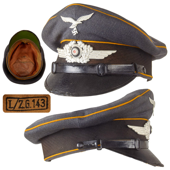 Original German WWII Rare Luftwaffe Destroyer Squadron 143 Flight Branch EM/NCO Schirmmütze Visor Crush Cap - size 58 1/2 Original Items