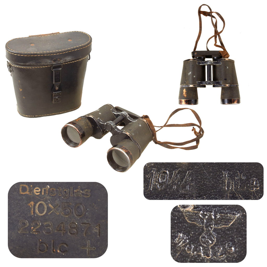Original German WWII Carl Zeiss (blc) 10x50 Dienstglas Binoculars by Carl Zeiss with Leather Case Dated 1944 Original Items
