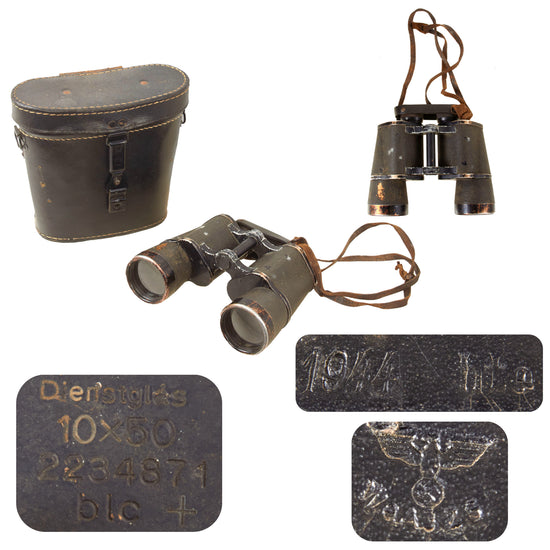 Original German WWII Carl Zeiss (blc) 10x50 Dienstglas Binoculars by Carl Zeiss with Leather Case Dated 1944 Original Items