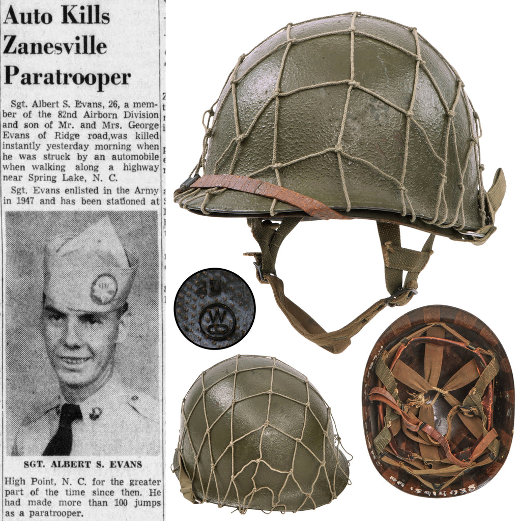 Original U.S. Post-WWII Named 82nd Airborne Division M1-C Paratrooper Helmet with Matching Westinghouse Factory Jump Liner - Sgt. Albert S. Evans, Killed in Auto Accident in 1955