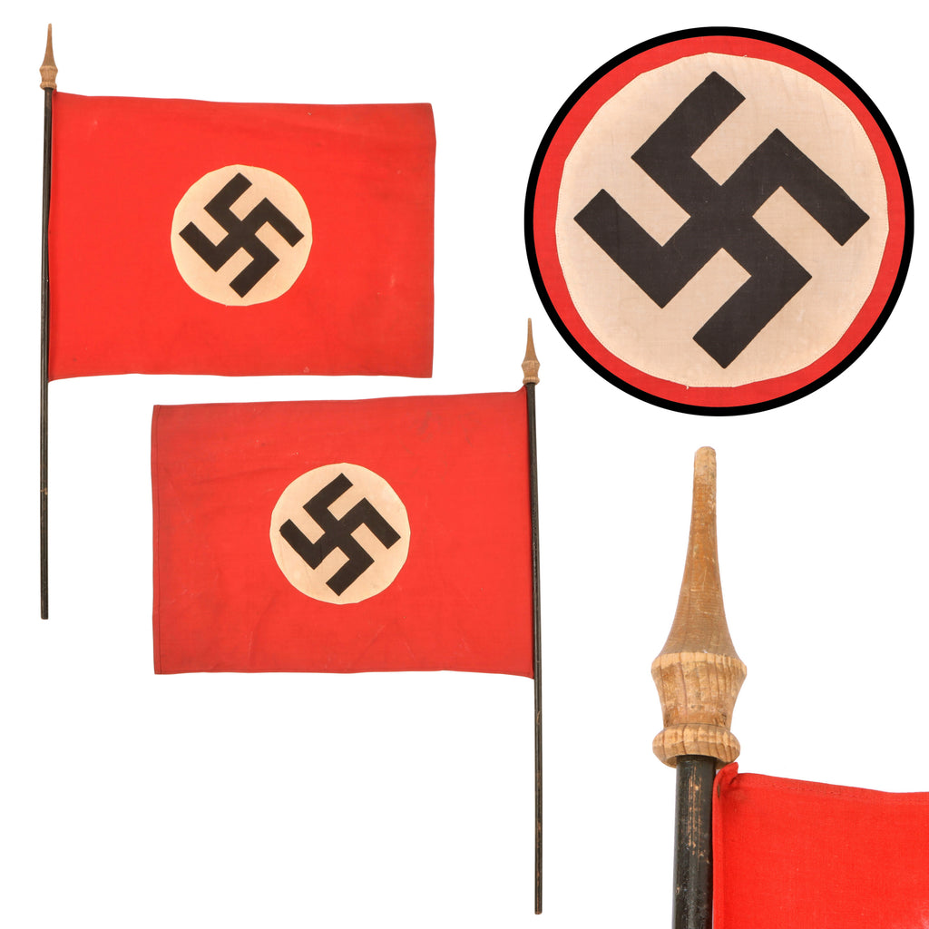 Original German WWII NSDAP Handheld Parade Flag with Wooden Pole - 22" x 16"
