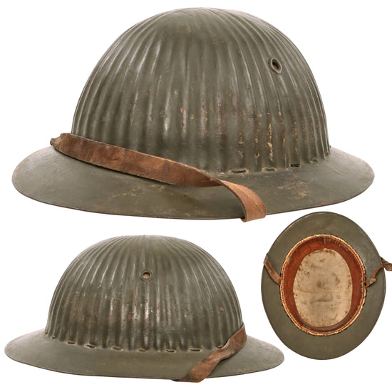 Original WWI Named Portuguese M1915 Corrugated Steel Helmet with Liner & Leather Chinstrap - Excellent
