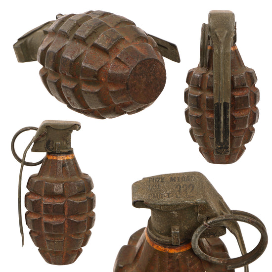Original U.S. WWII Inert MkII Pineapple Grenade with Yellow Ring with M200A1 Fuze Converted During War to M10A2 Fuze Original Items