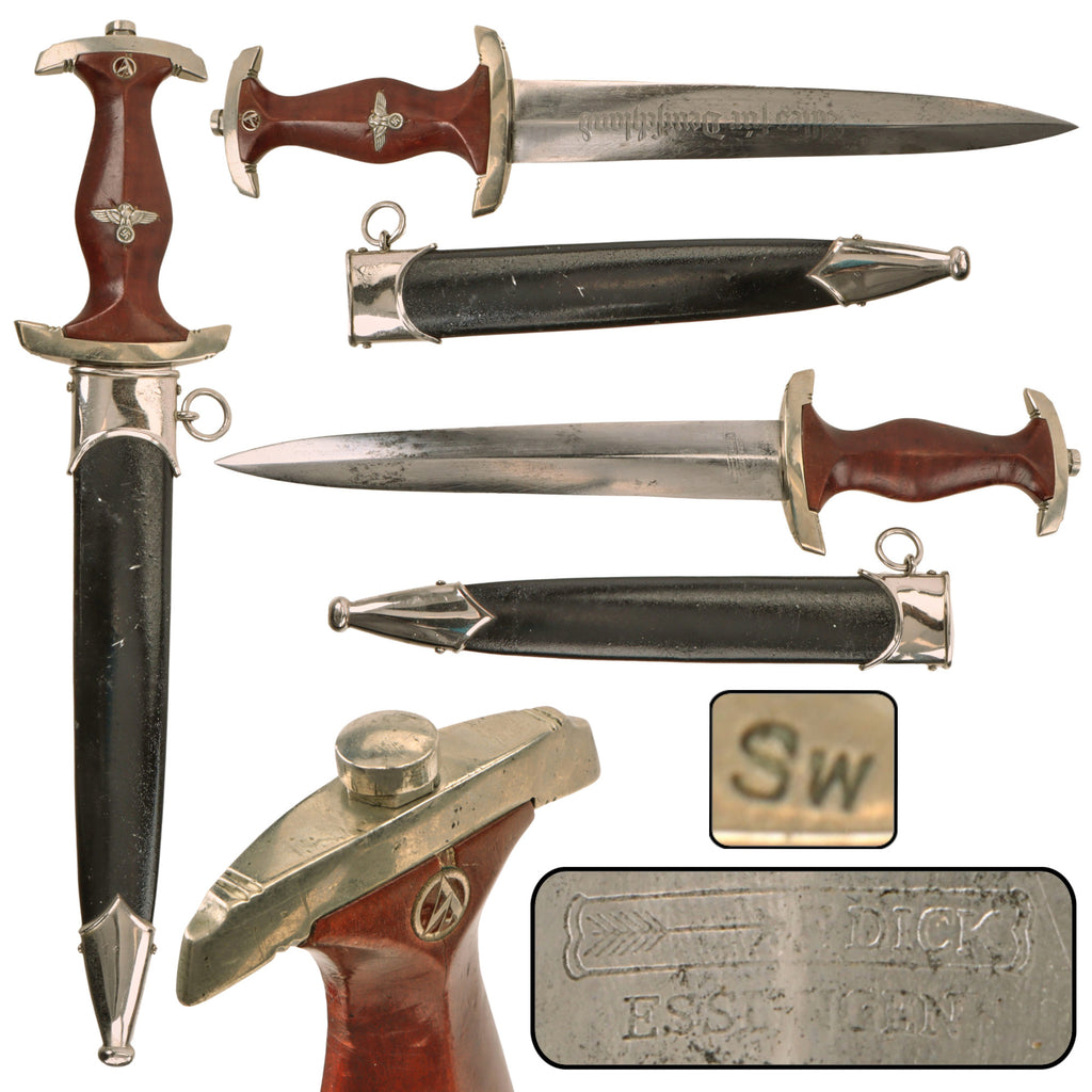 Original German WWII Early NSKK Dagger by Paul F. Dick of Esslingen with Flame Figured Grip and Later War Scabbard Original Items